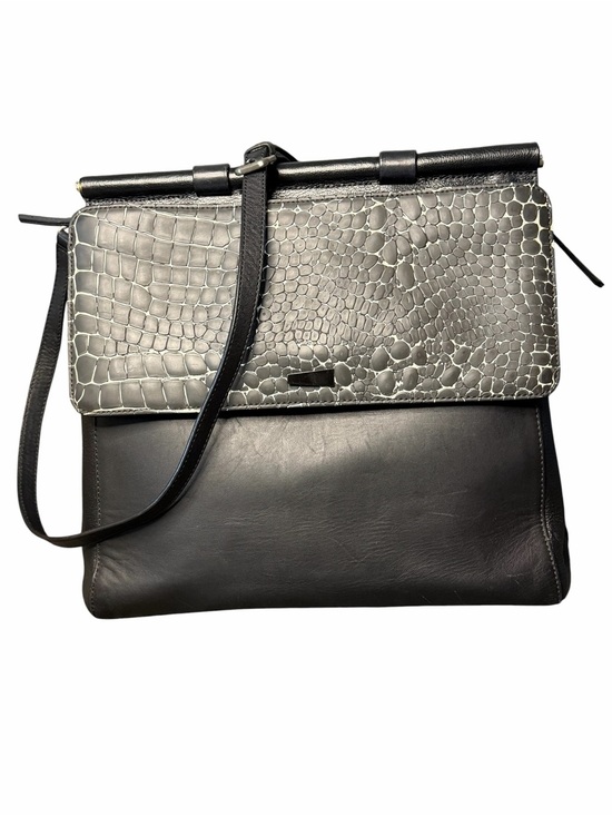 Rouge&Lounge Handbags - Black Leather Shoulder Bag with Grey Croc-Embossed Flap